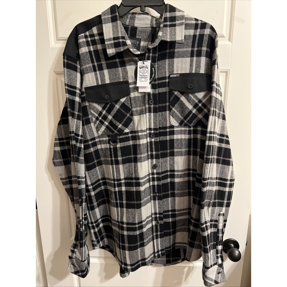 Born Fly Men's Flannel Shirt Sz 2XL Black/Gray Print New